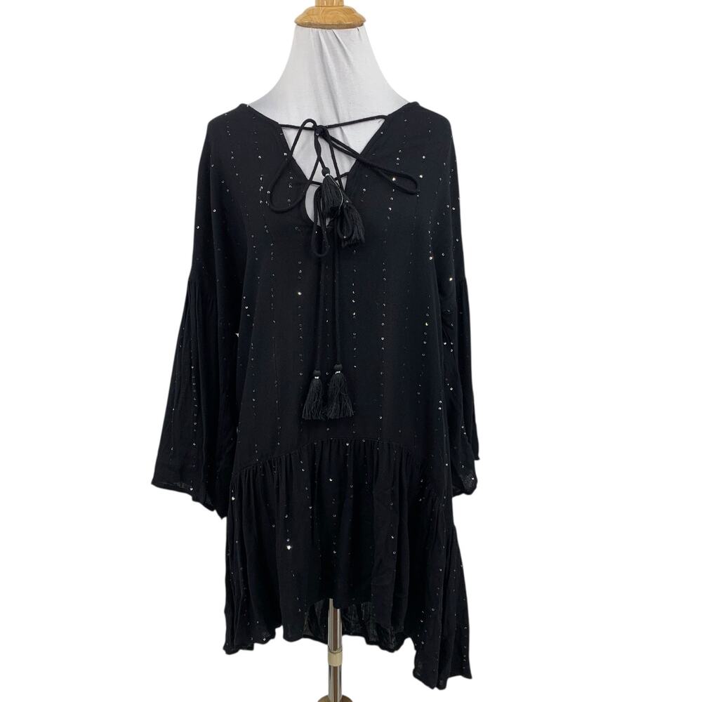 PilyQ PQ Top Womens XS Extra Small Black Sequin Tassel Angelica Sequined Tunic